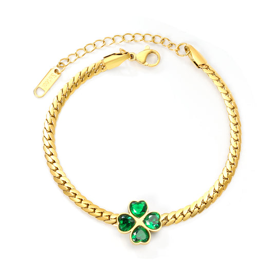 Wholesale Stainless Steel Lucky Clover Green Zircon Bracelet