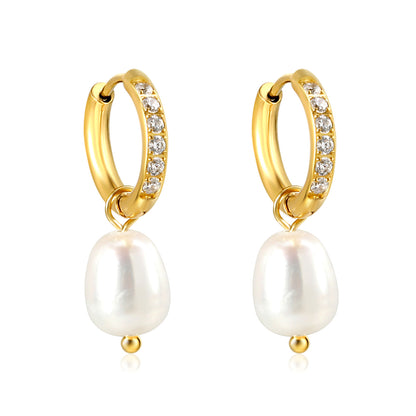 Wholesale Stainless Steel Circle with 6 White Diamonds + Oval White Pearl Earrings