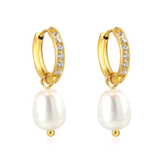 Wholesale Stainless Steel Circle with 6 White Diamonds + Oval White Pearl Earrings