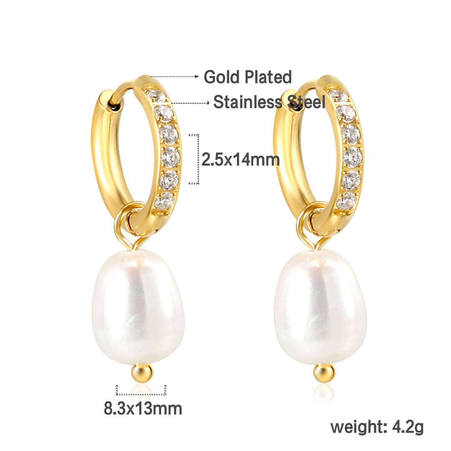 Wholesale Stainless Steel Circle with 6 White Diamonds + Oval White Pearl Earrings