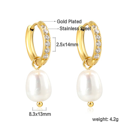 Wholesale Stainless Steel Circle with 6 White Diamonds + Oval White Pearl Earrings