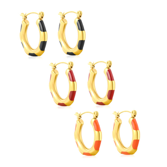 Wholesale Enamel Block Pattern Hoops 18K Gold Plated Waterproof Tarnish-Resistant