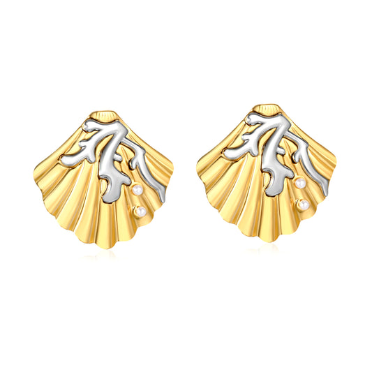 Wholesale Engraved Shell Earrings 18K Gold with Pearl - Jacey Jewelry