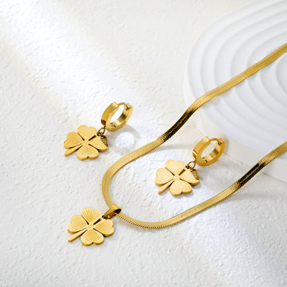 Stainless Steel Gold Four-Leaf Clover Necklace and Earring Set & Push-Lock Chain + Round Tag Jewelry Supplier