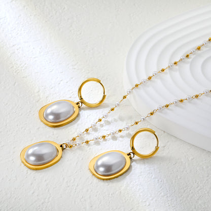 Stainless Steel Gold Pearl Necklace & Earrings Set with Pearl + Steel Bead Chain Round Tail Plaque Jewelry Supplier