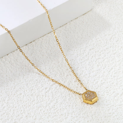 Wholesale 18K Gold Plated Hexagon Diamond Pendant Necklace Full Setting Minimalist Luxury