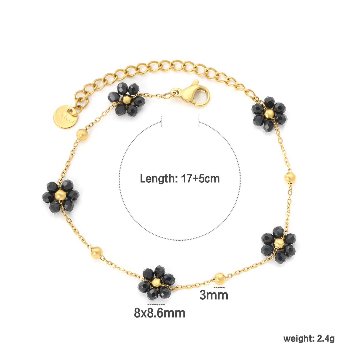 Wholesale Waterproof PVD Black Bead Flower & Steel Bead Bracelet