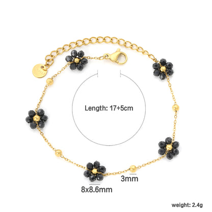 Wholesale Waterproof PVD Black Bead Flower & Steel Bead Bracelet