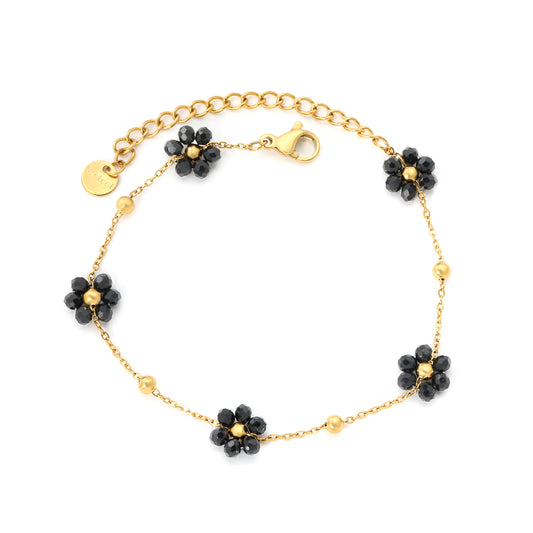 Wholesale Waterproof PVD Black Bead Flower & Steel Bead Bracelet