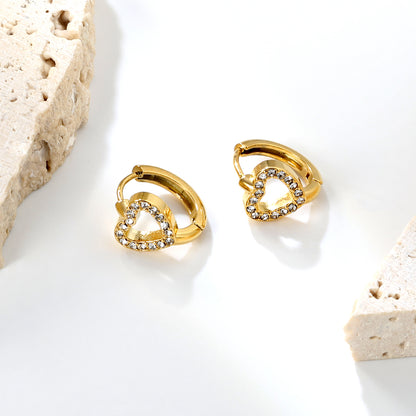 Wholesale Stainless Steel Romantic Hollow Heart Zircon Hoop Earrings