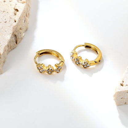 Bulk 18K Gold Plated Botanical Triple Flower Crystal Hoop Earrings