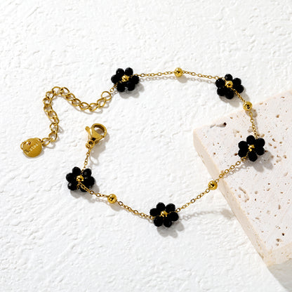 Wholesale Waterproof PVD Black Bead Flower & Steel Bead Bracelet