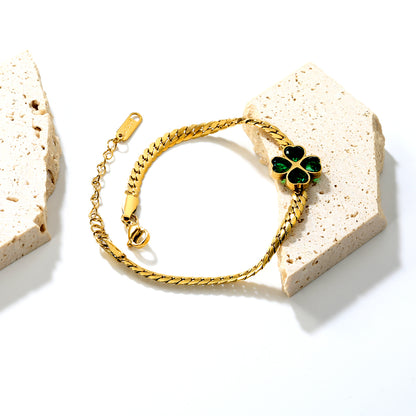Wholesale Stainless Steel Lucky Clover Green Zircon Bracelet
