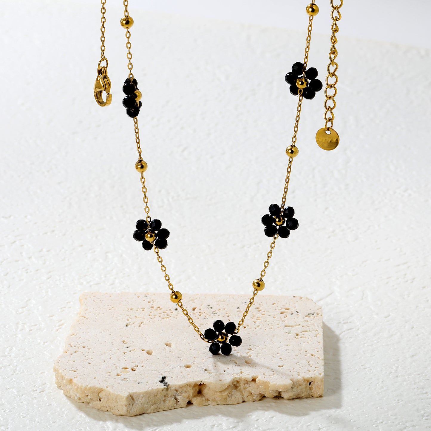 Bulk Waterproof PVD Gold Multi-Black Enamel Flower Necklace