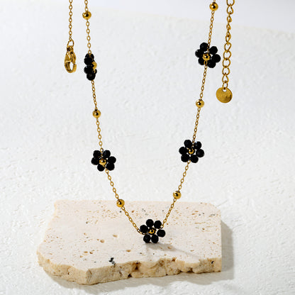 Bulk Waterproof PVD Gold Multi-Black Enamel Flower Necklace