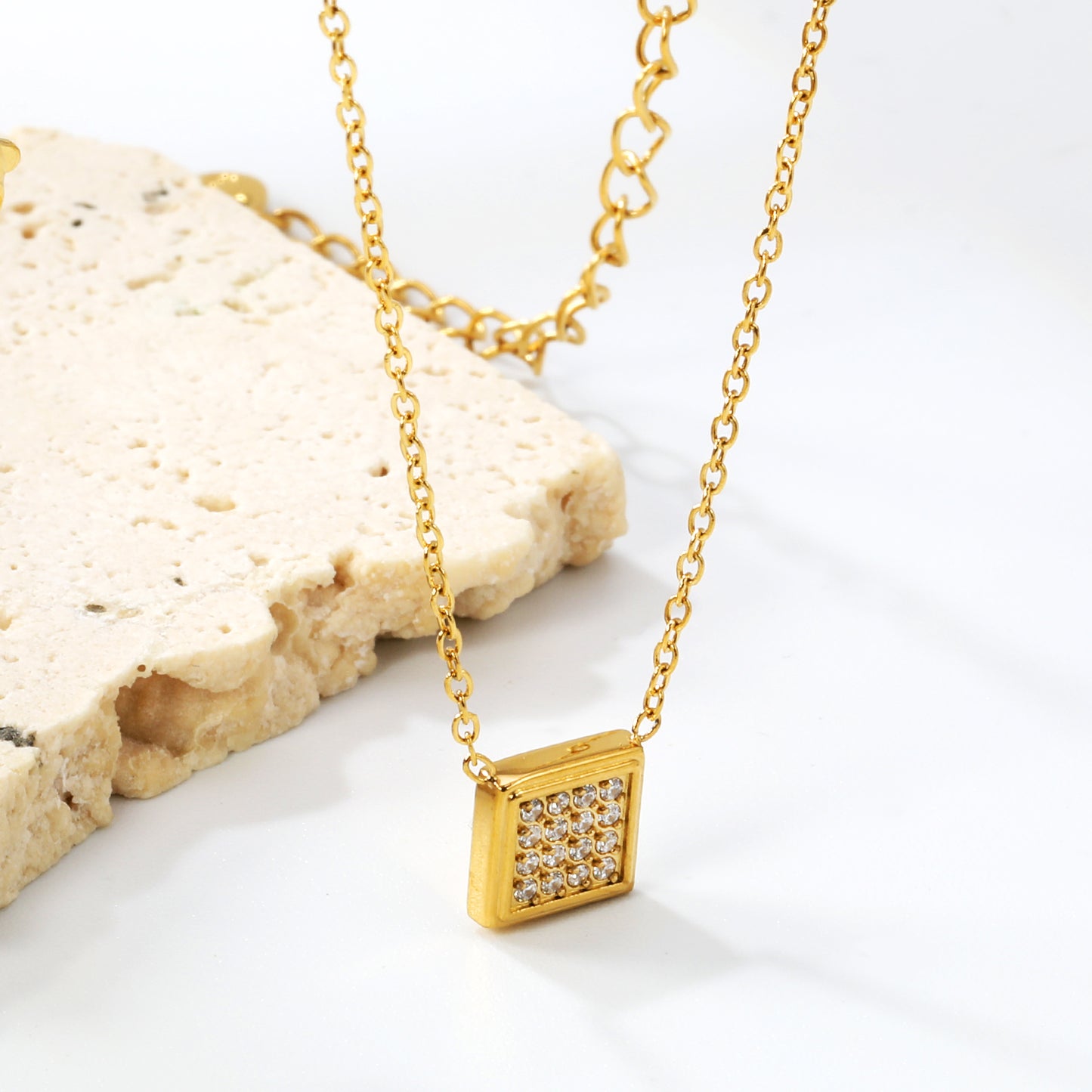 Wholesale 18K Gold Plated Square Diamond Pendant Necklace Full Setting Minimalist Modern