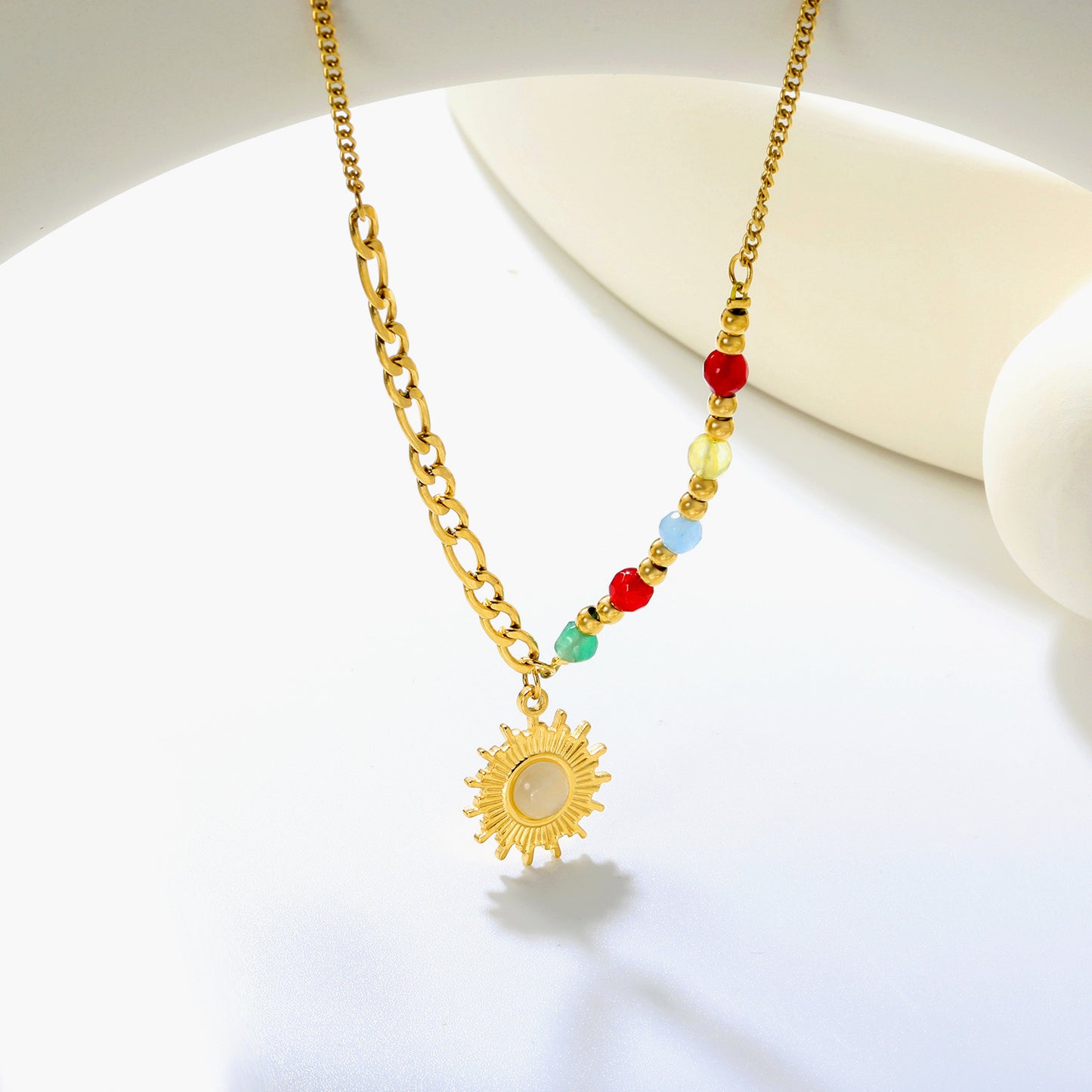Stainless Steel Natural Colored Stone + Steel Beads + Sun Pendant Necklace Jewelry Supplier