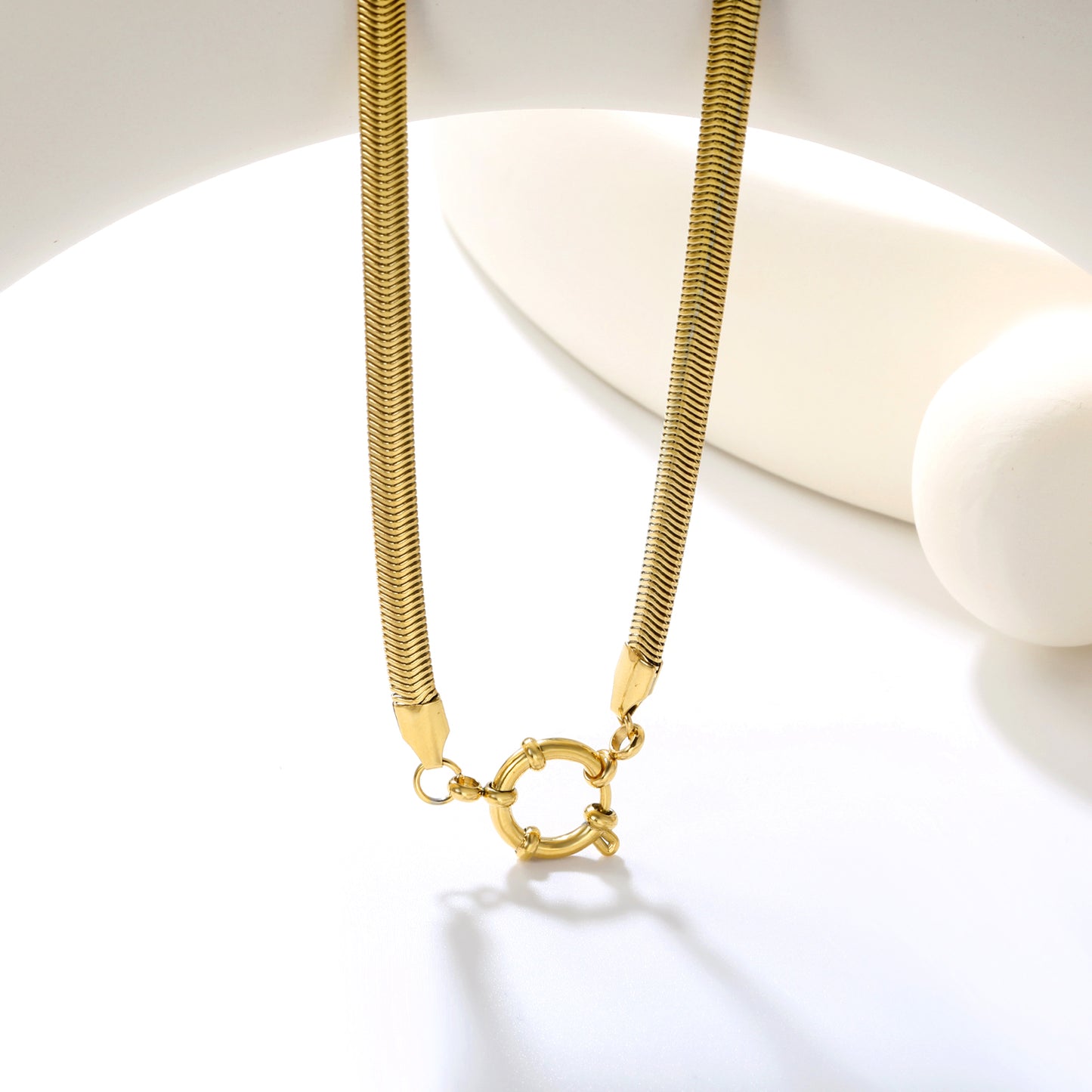 Stainless Steel Gold-Plated Flat Snake Chain + Round Clasp Necklace Jewelry Supplier
