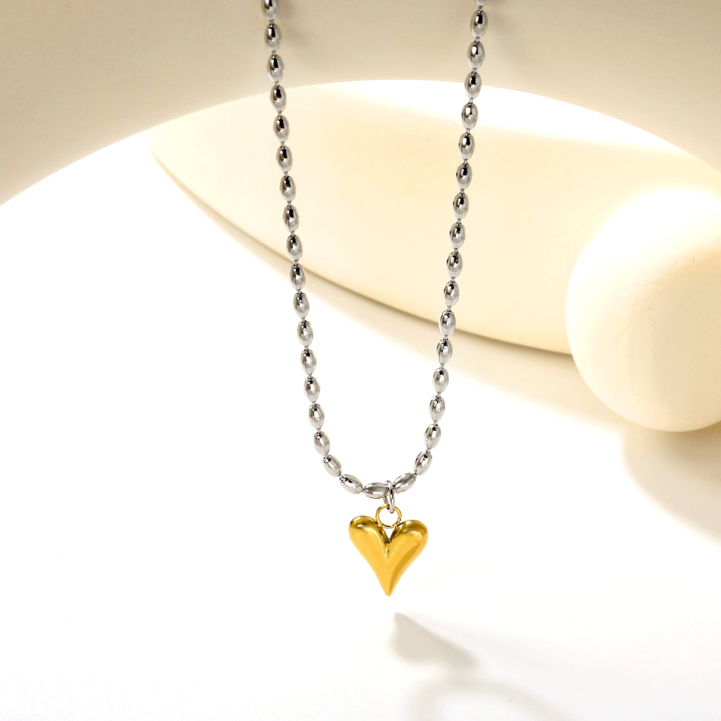 Stainless Steel Heart Pendant & Rice Grain Bead Chain Necklace Jewelry Supplier