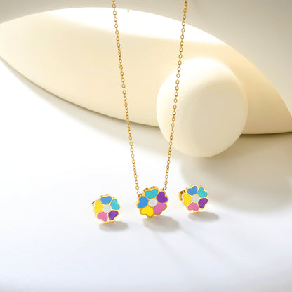 Stainless Steel Gold-Plated Colorful Flower Set & Cross Chain + Round Tag Jewelry Supplier