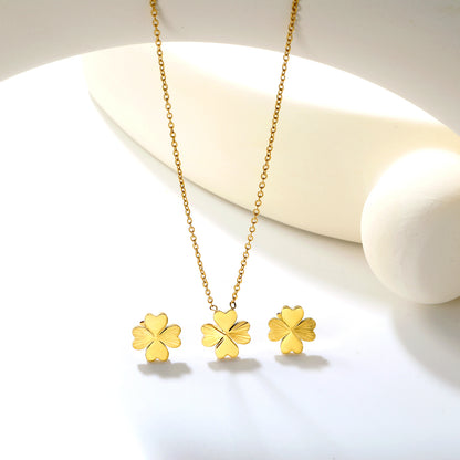 Stainless Steel Gold Four-Leaf Clover Set & Cross Chain + Square Tag Jewelry Supplier