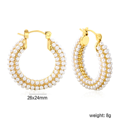 Bulk Buy 18K Gold Plated Pearl Hoop Earrings Double Row Waterproof Design