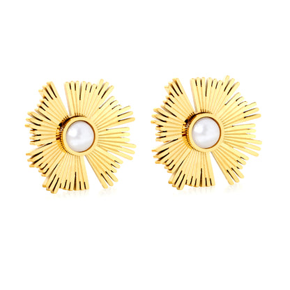 Bulk Waterproof PVD Gold Plated Sunburst Pearl Stud Earrings