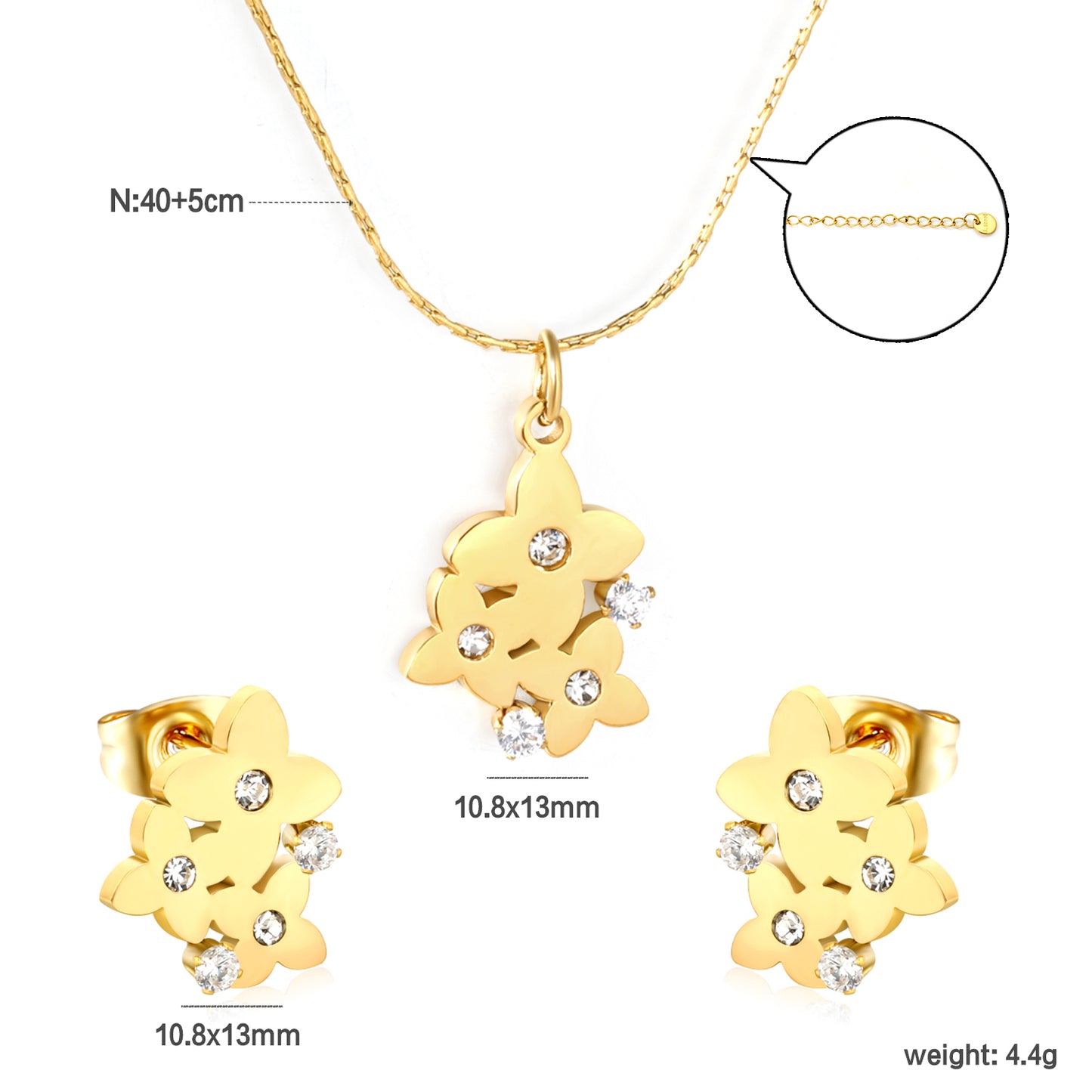 Bulk Waterproof PVD Gold Flower Gemstone Jewelry Set (Necklace/Earrings)