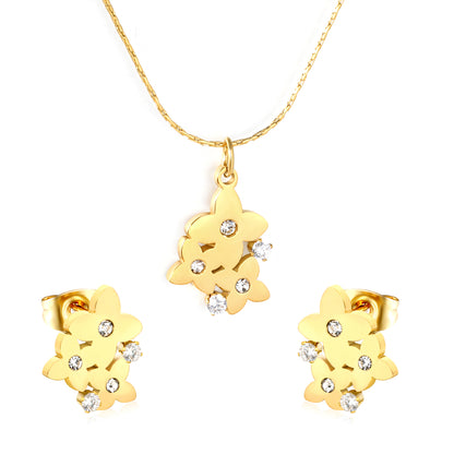 Bulk Waterproof PVD Gold Flower Gemstone Jewelry Set (Necklace/Earrings)
