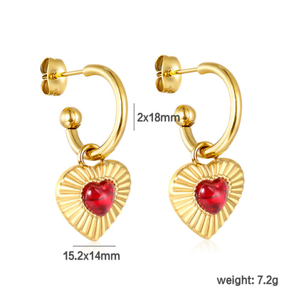 Wholesale Waterproof PVD Gold Plated Red Gem Heart Drop Hoops