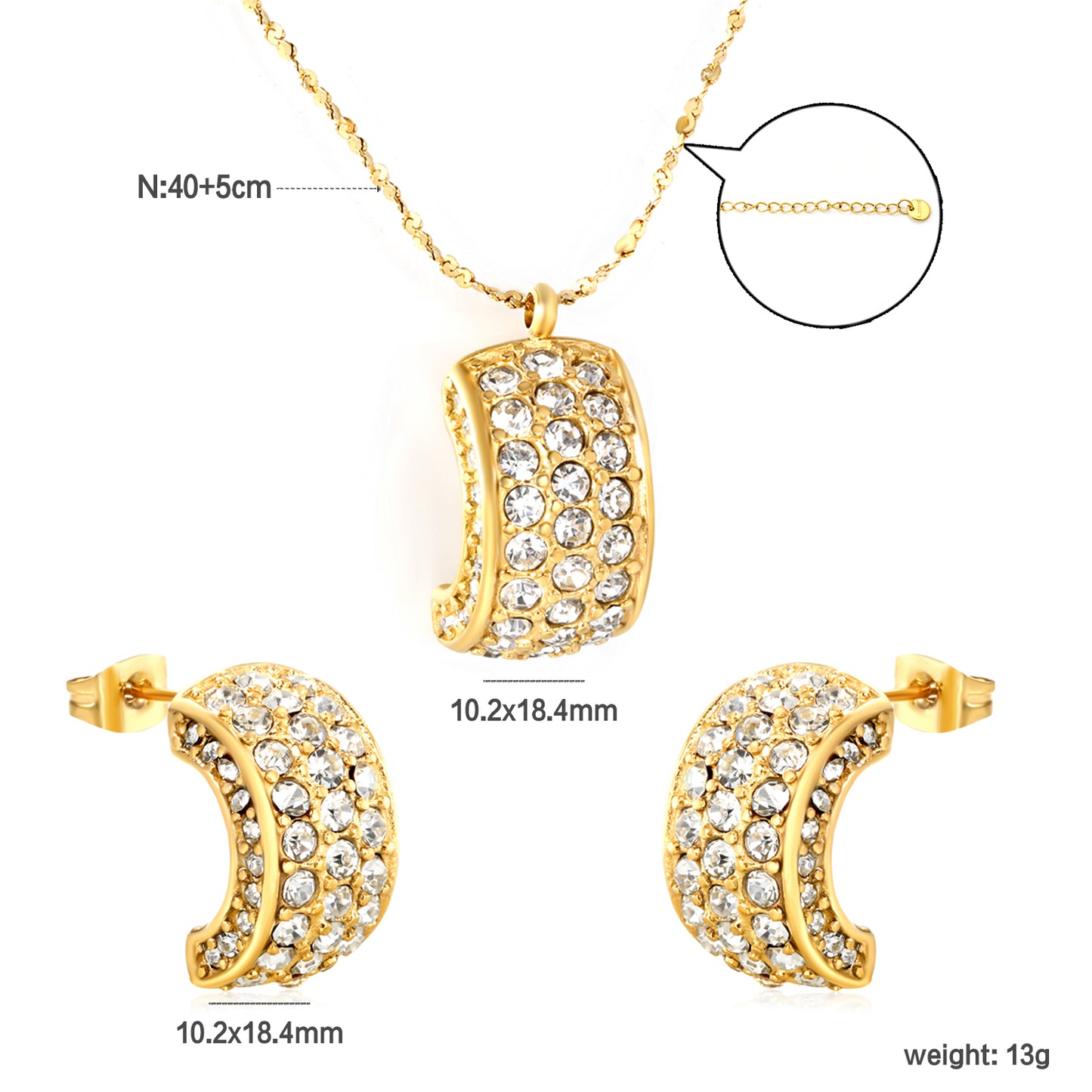 Wholesale Waterproof PVD Curved Gemstone Jewelry Set (Necklace/Earrings)