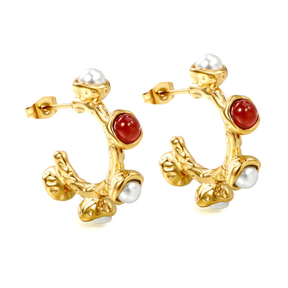 Wholesale Gold Hoop Earrings with Pearl and Red Gem Accents for Jewelry Suppliers