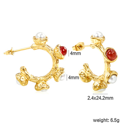 Wholesale Gold Hoop Earrings with Pearl and Red Gem Accents for Jewelry Suppliers