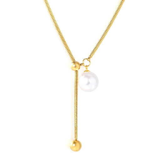 Bulk Waterproof PVD Gold Y-Shape Necklace with Pearl Drop Accent