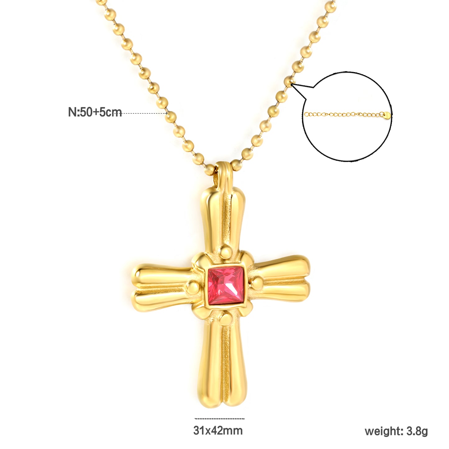 Vintage Red Stone Cross Pendant Stainless Steel Tarnish-Free
