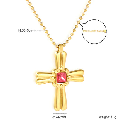 Vintage Red Stone Cross Pendant Stainless Steel Tarnish-Free