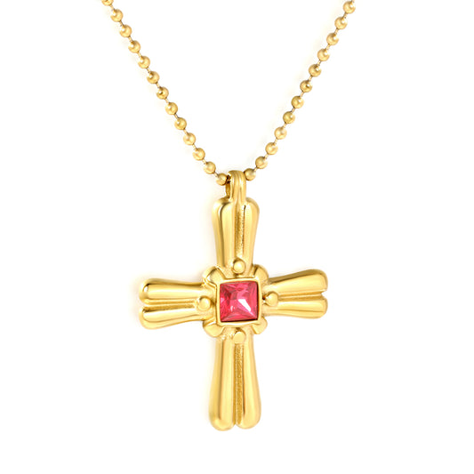 Vintage Red Stone Cross Pendant Stainless Steel Tarnish-Free