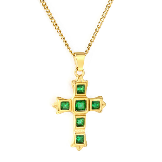 Wholesale Waterproof PVD Cross Necklace with Emerald CZ Stones