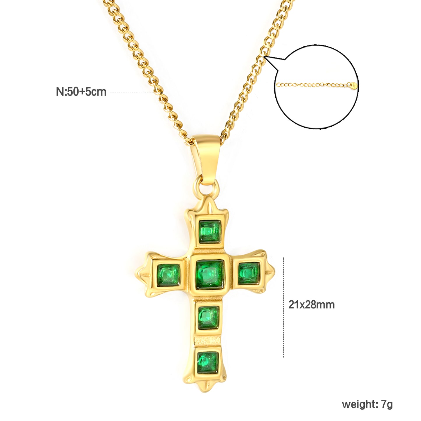 Wholesale Waterproof PVD Cross Necklace with Emerald CZ Stones