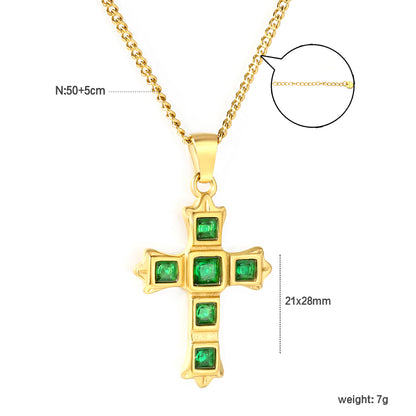 Wholesale Waterproof PVD Cross Necklace with Emerald CZ Stones