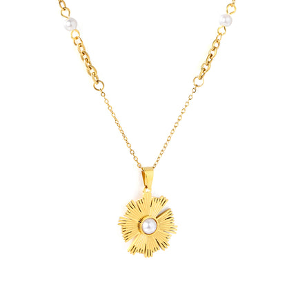 Wholesale Waterproof PVD Gold Sunflower Pendant Necklace CZ Center