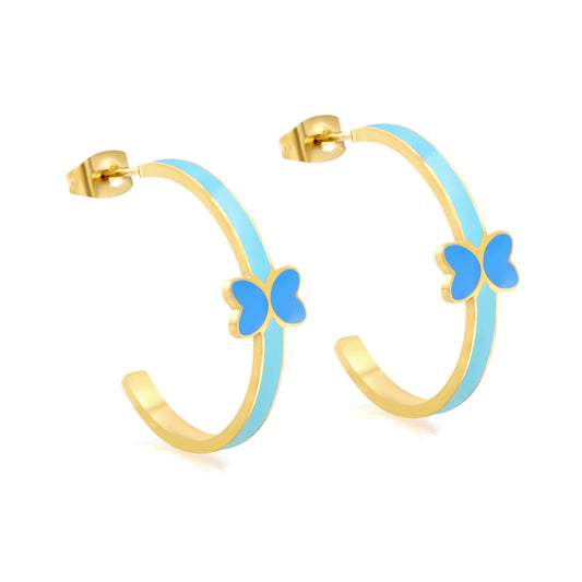 Wholesale Stainless Steel C-Shape Butterfly Earrings with Blue Drip Oil