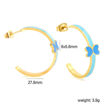 Wholesale Stainless Steel C-Shape Butterfly Earrings with Blue Drip Oil