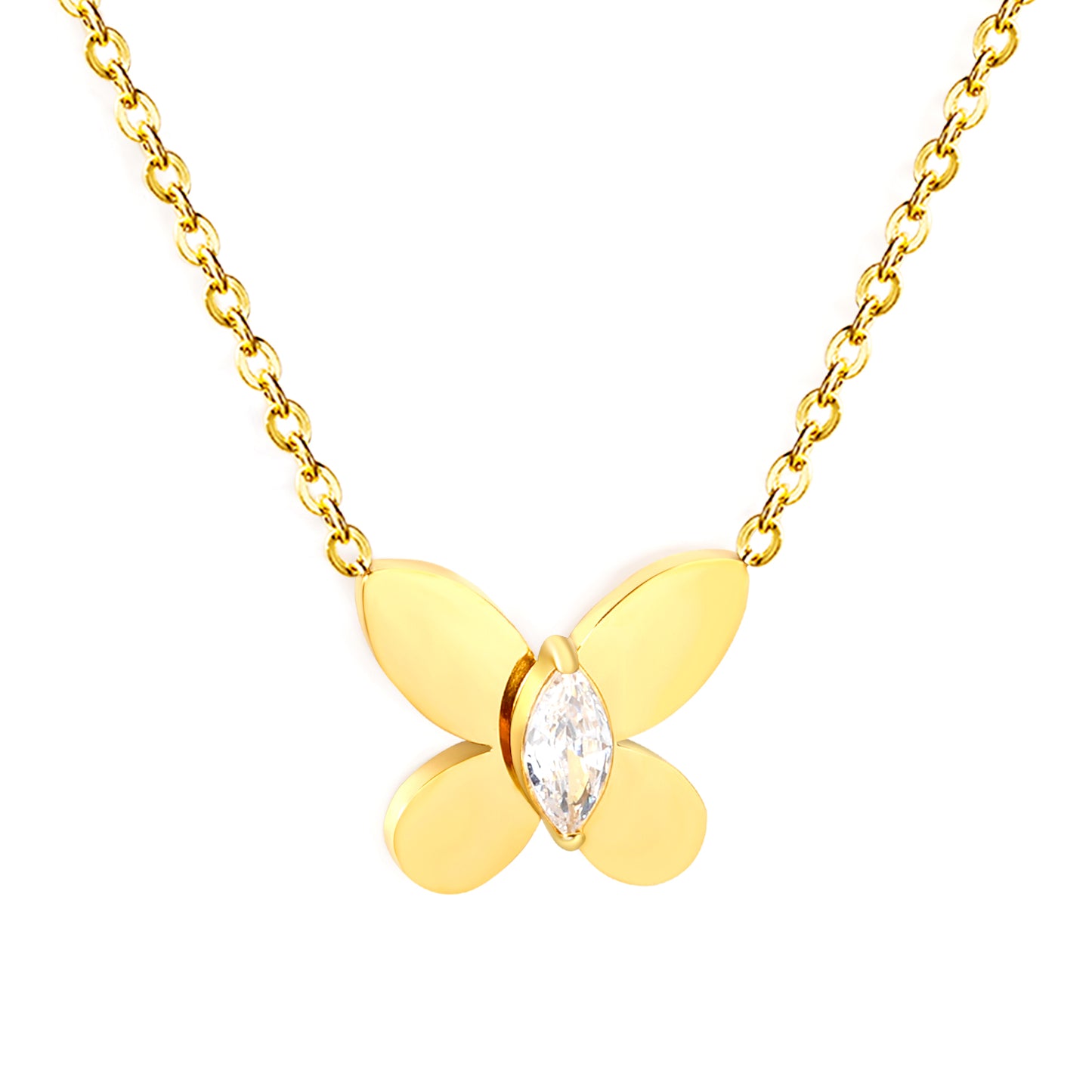 Wholesale Waterproof PVD Gold Plated 3D Butterfly Necklace CZ Stone