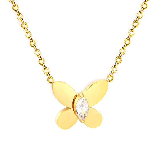 Wholesale Waterproof PVD Gold Plated 3D Butterfly Necklace CZ Stone