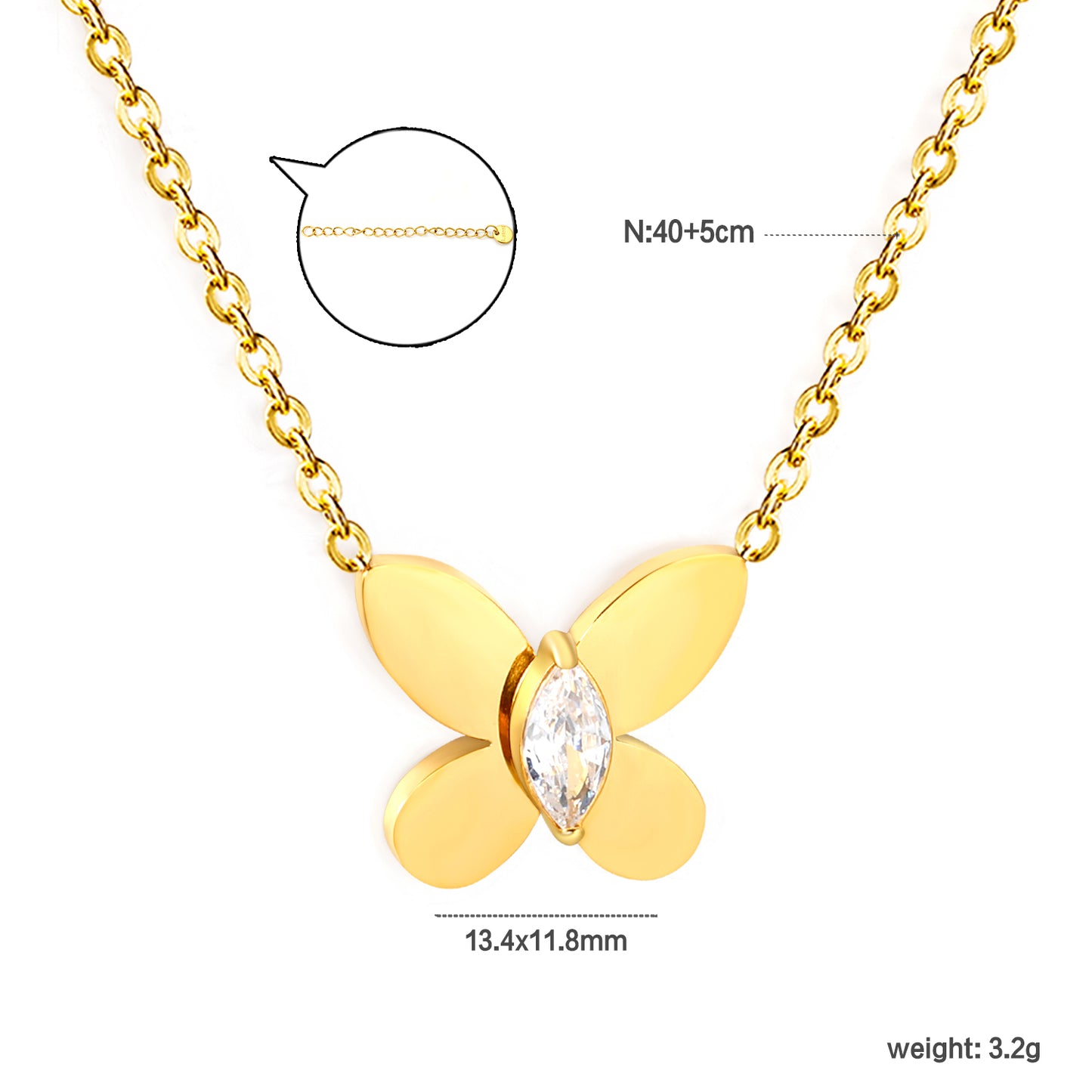 Wholesale Waterproof PVD Gold Plated 3D Butterfly Necklace CZ Stone