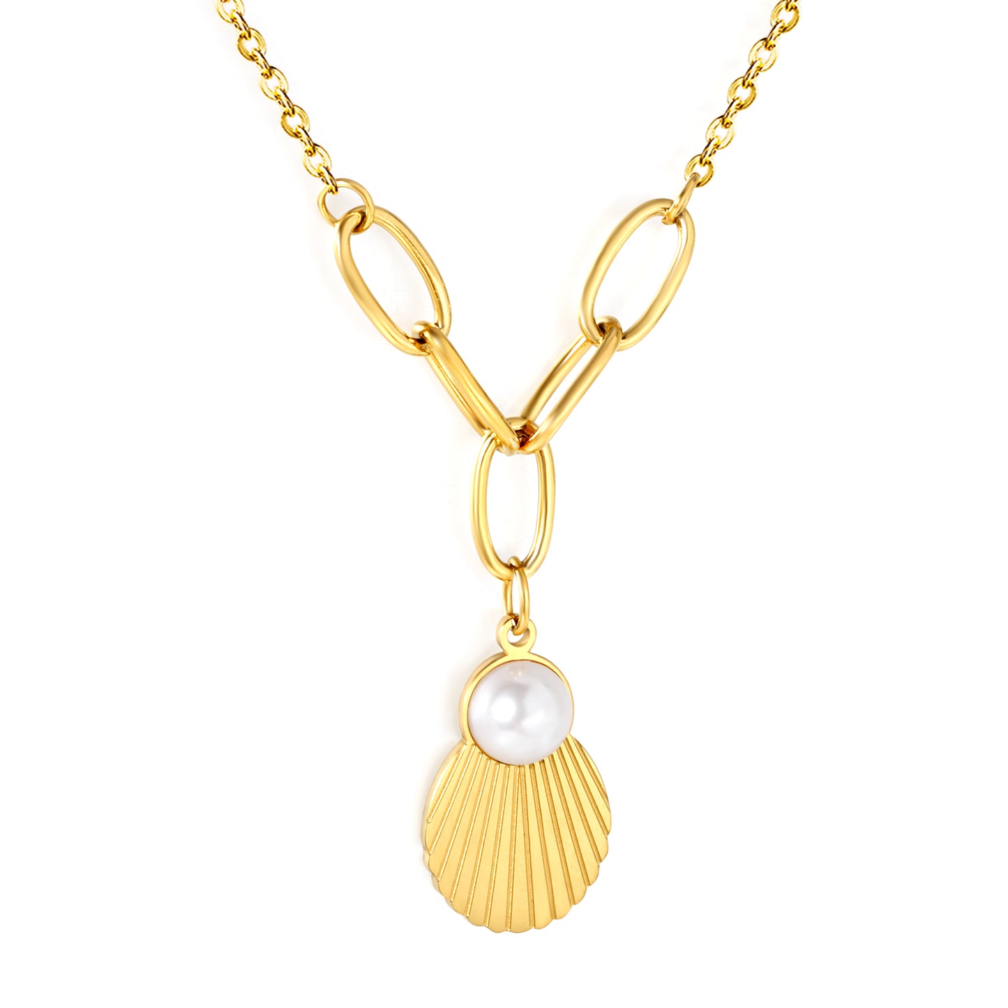 Bulk Waterproof PVD Paperclip Chain Shell Pearl Necklace