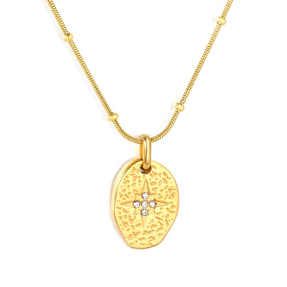 Bulk Waterproof PVD Gold Textured Oval Tag Necklace CZ Center