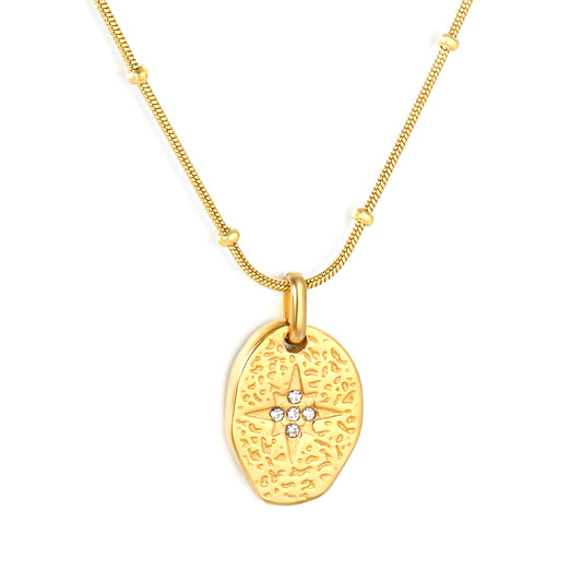 Bulk Waterproof PVD Gold Textured Oval Tag Necklace CZ Center