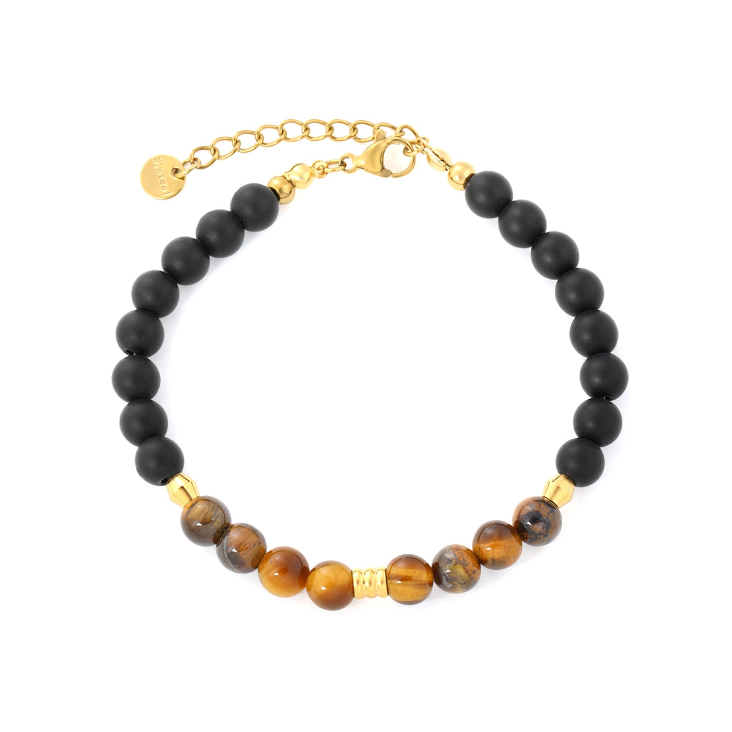 Wholesale Waterproof PVD Tiger Eye Stone & Black Bead Bracelet